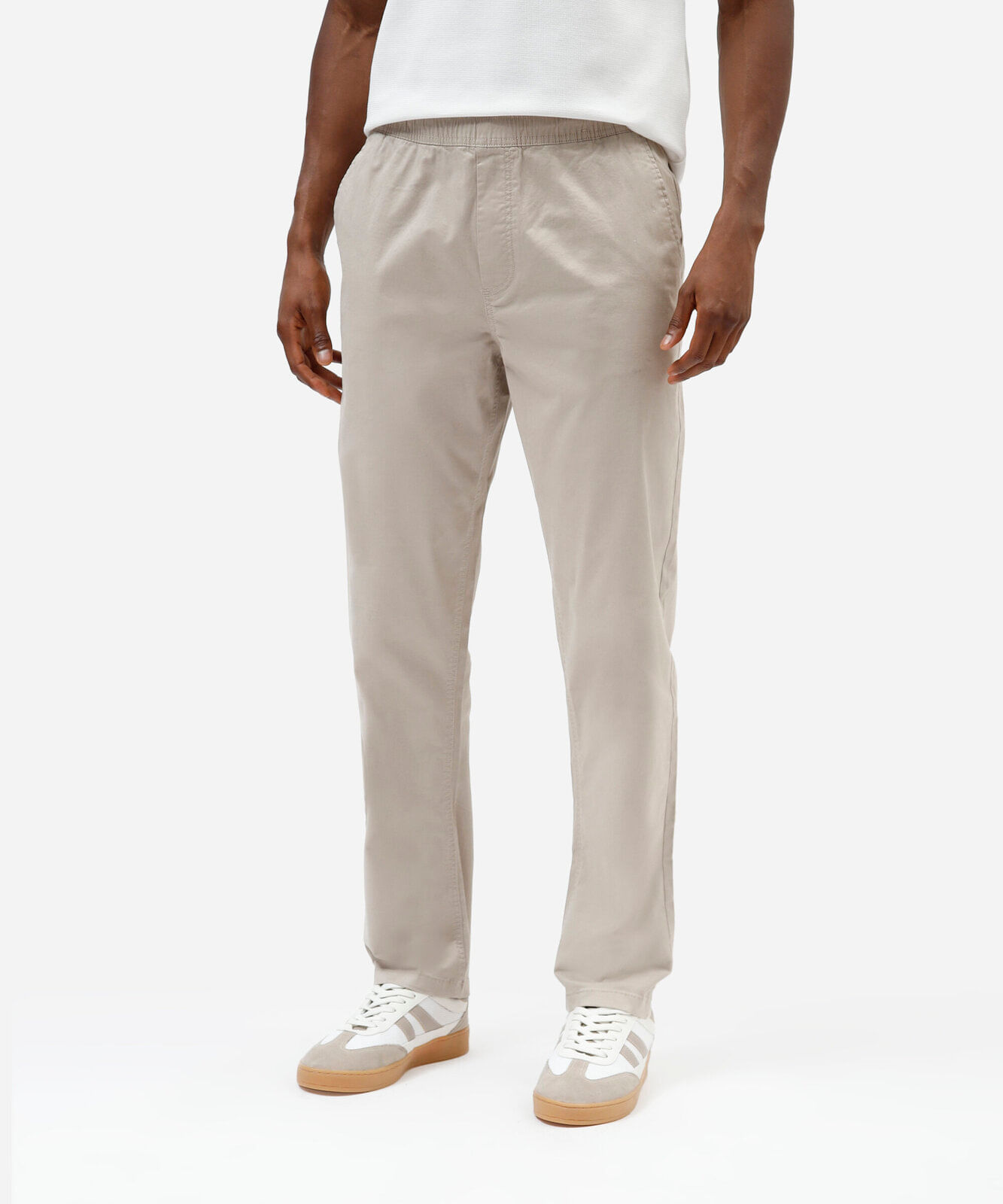 calça jogger chino masculina de sarja cós elástico bege