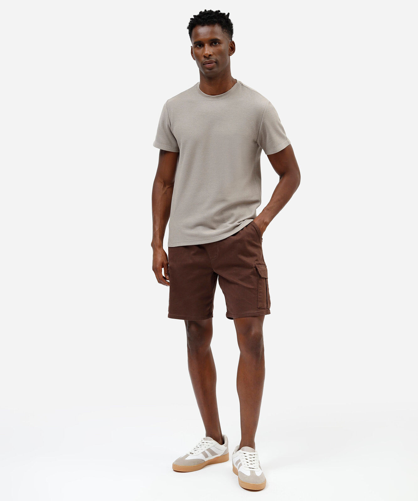 camiseta masculina de algodão texturizada manga curta bege