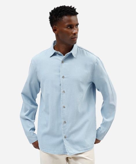 camisa masculina jeans manga longa azul