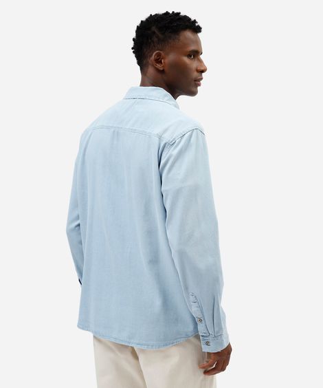 camisa masculina jeans manga longa azul