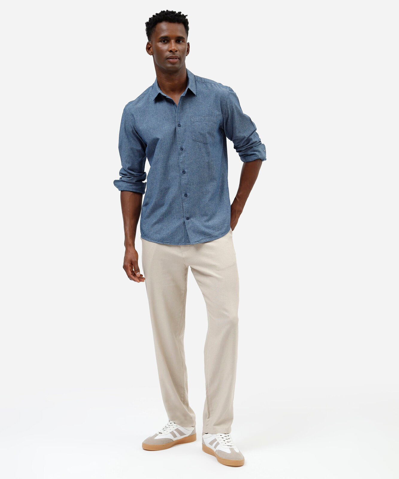 camisa masculina de algodão manga longa com bolso azul