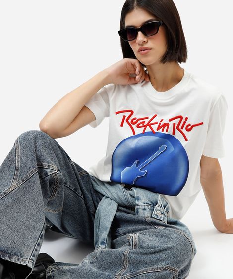 camiseta de algodão rock in rio manga curta off white