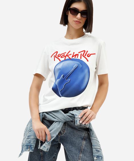 camiseta de algodão rock in rio manga curta off white