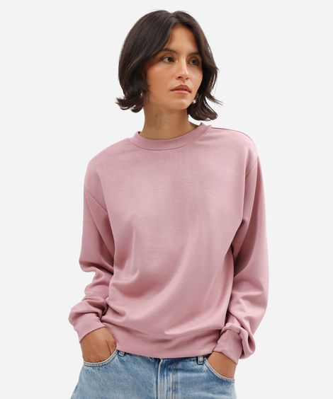 blusão básico alongado feminino de moletom com recorte rosa