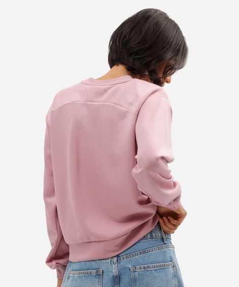 blusão básico alongado feminino de moletom com recorte rosa