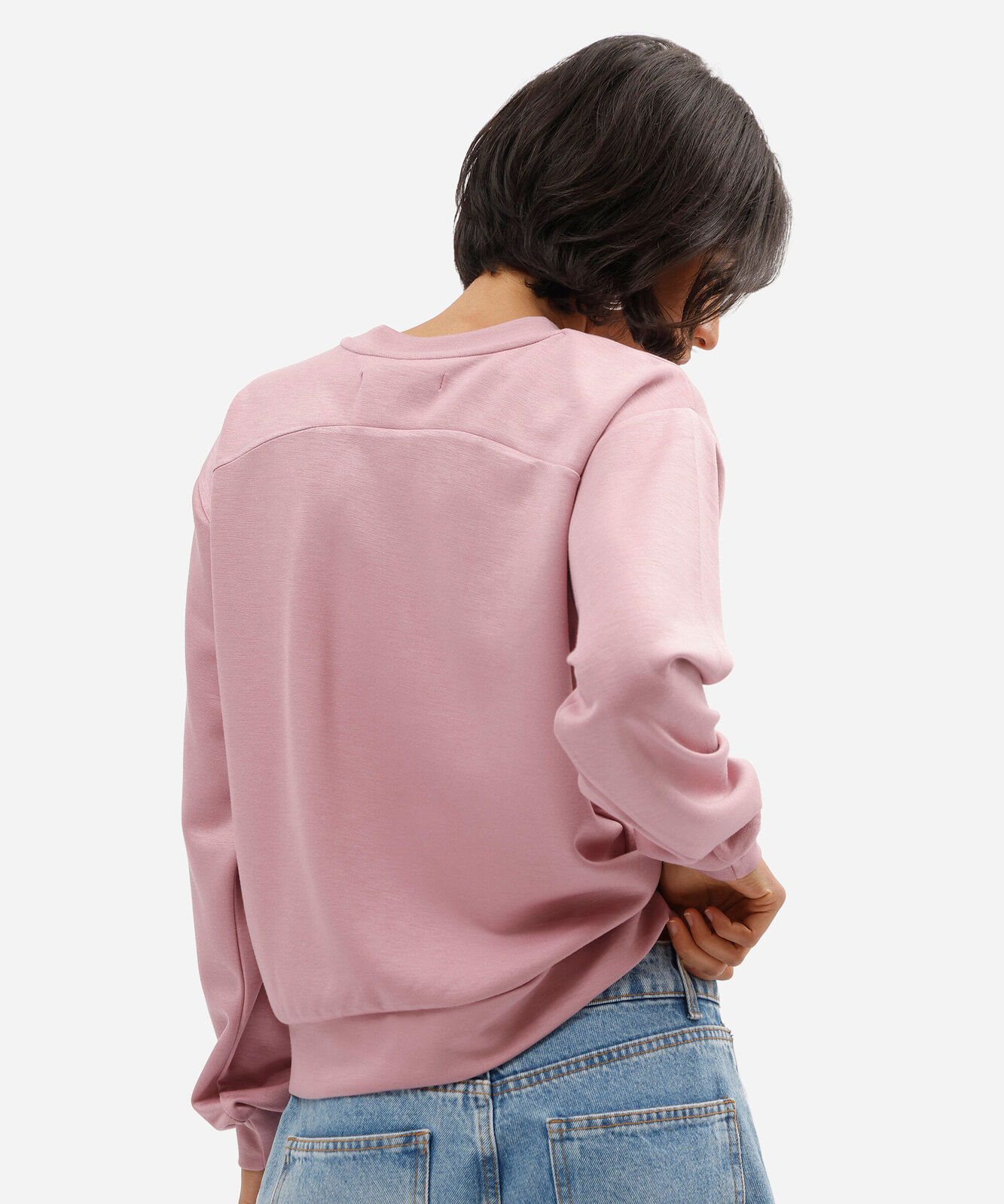 blusão básico alongado feminino de moletom com recorte rosa