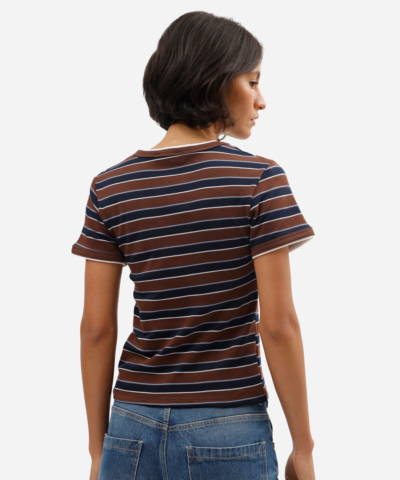 camiseta baby look feminina com algodão manga curta listrada marrom