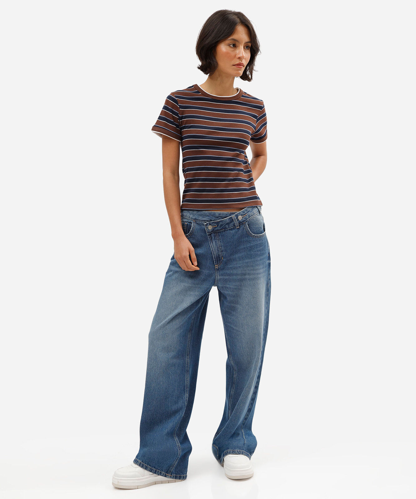 camiseta baby look feminina com algodão manga curta listrada marrom