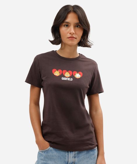 camiseta feminina de algodão manga curta garfield marrom
