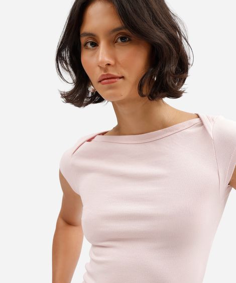 blusa feminina decote canoa manga curta rosa