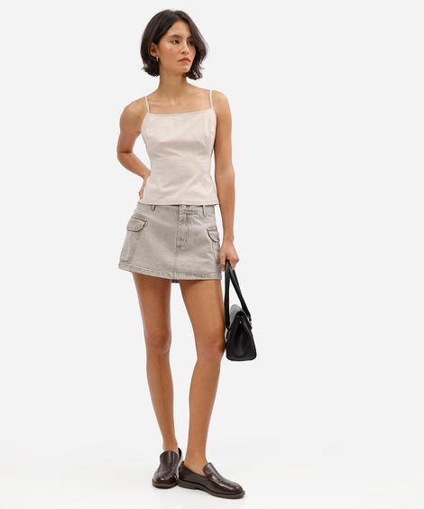 short saia cargo curto feminino jeans cintura média cinza