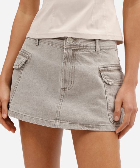 short saia cargo curto feminino jeans cintura média cinza