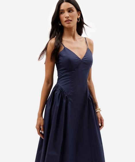 vestido midi alça fina feminino de algodão franzido azul