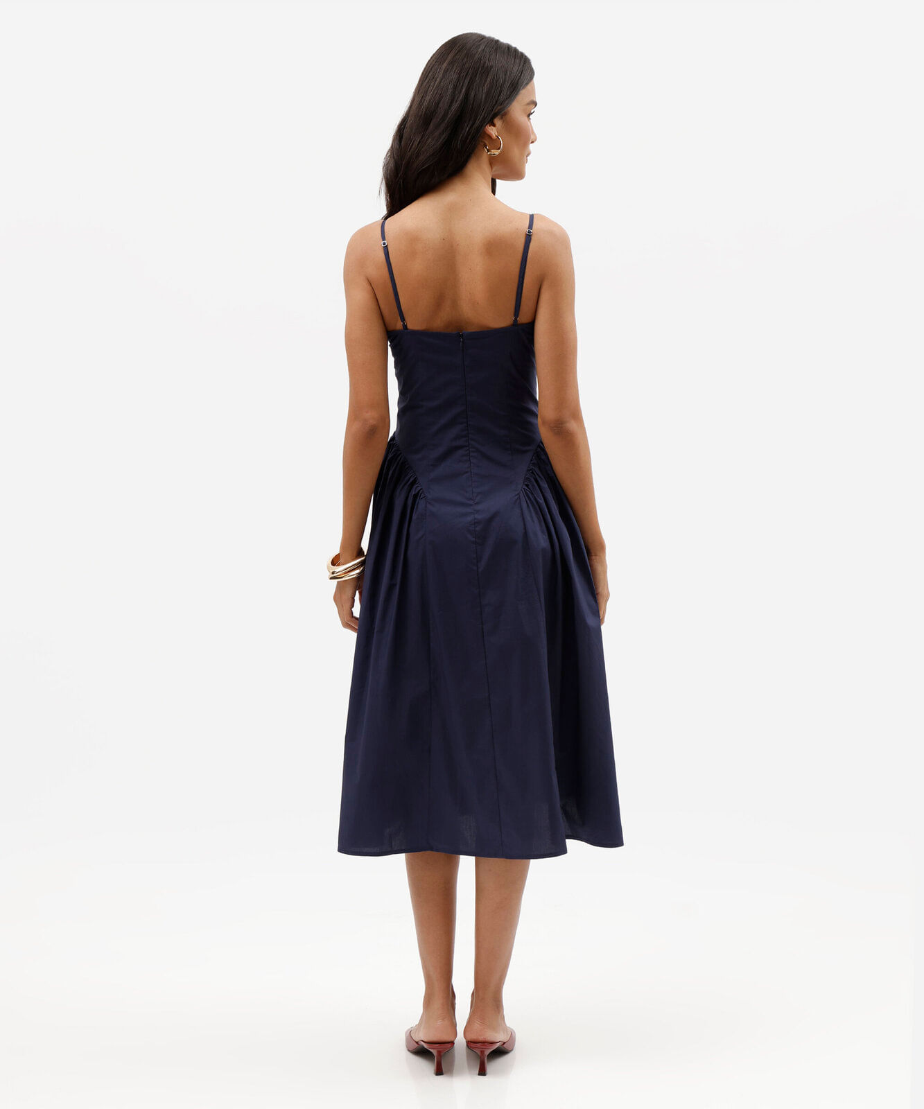 vestido midi alça fina feminino de algodão franzido azul