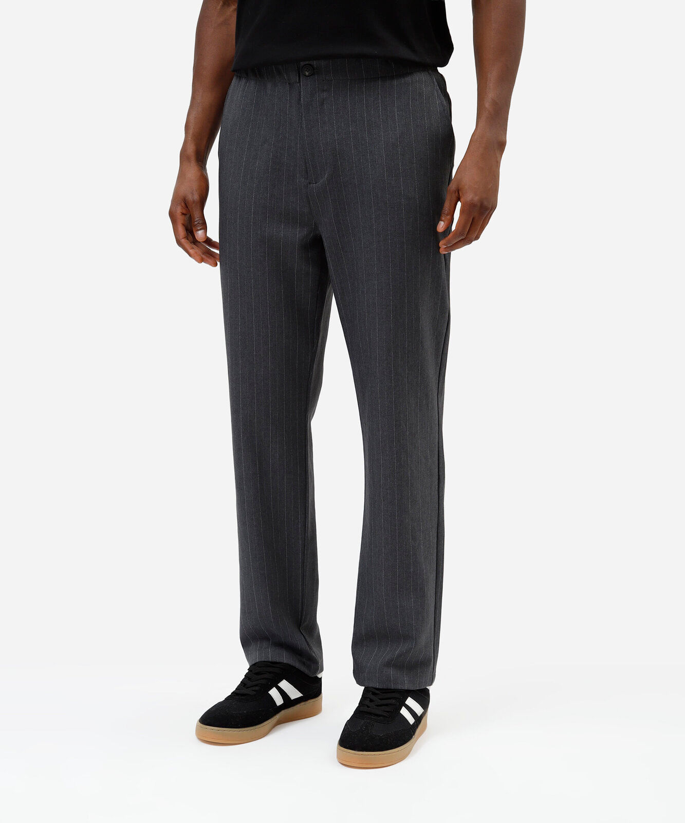 calça de alfaiataria masculina cós elástico risca de giz cinza
