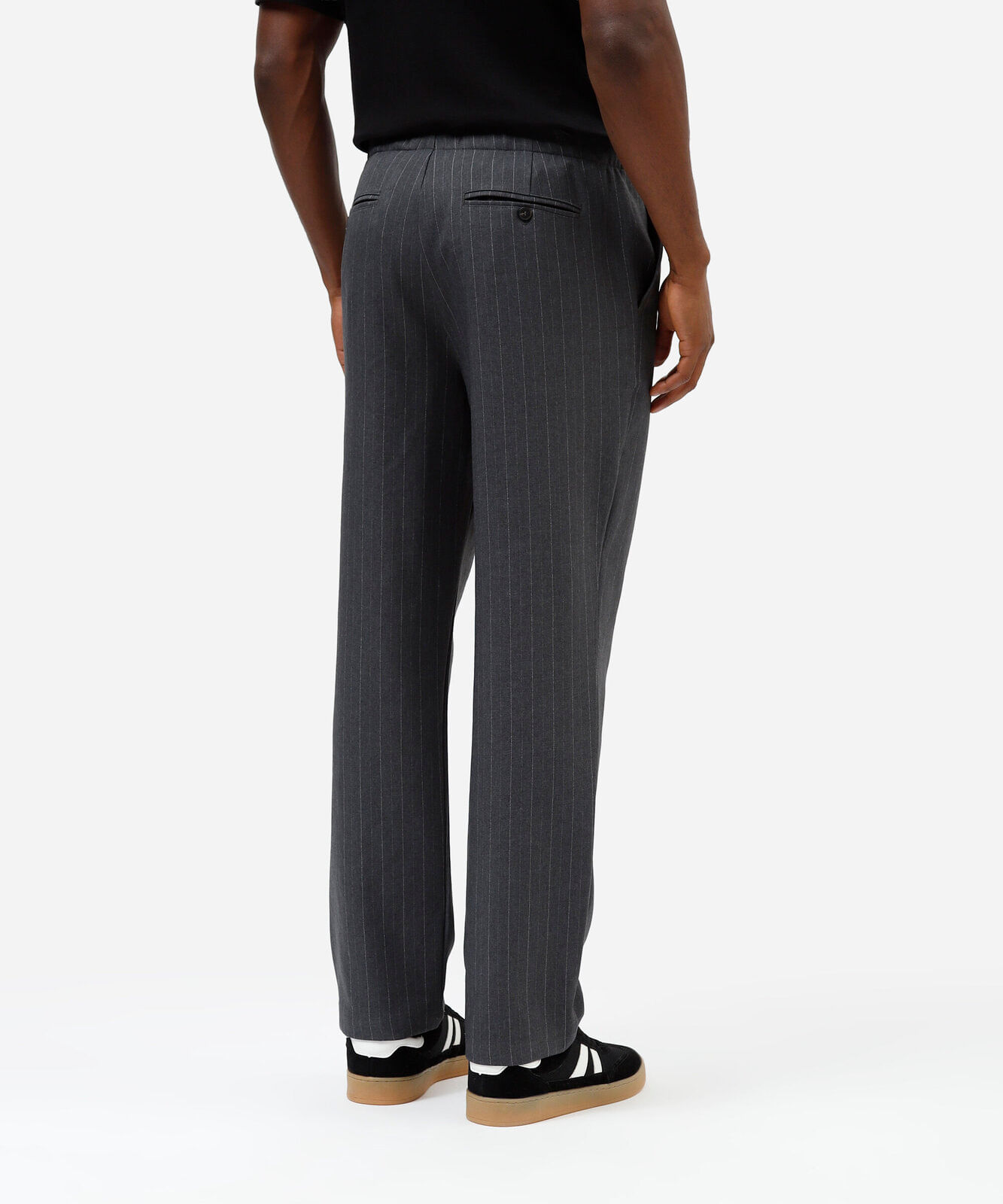 calça de alfaiataria masculina cós elástico risca de giz cinza
