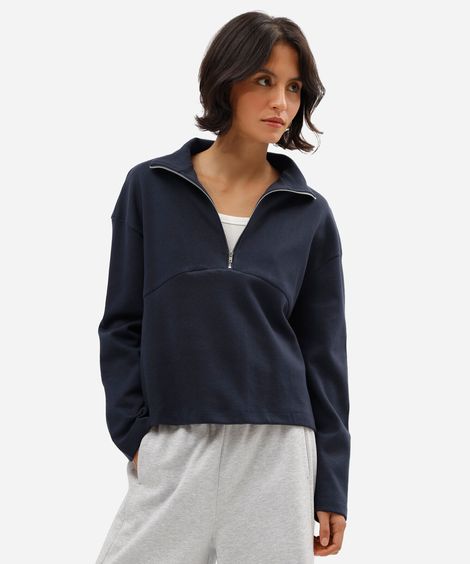 blusão feminino de moletom gola alta com recorte e zíper azul
