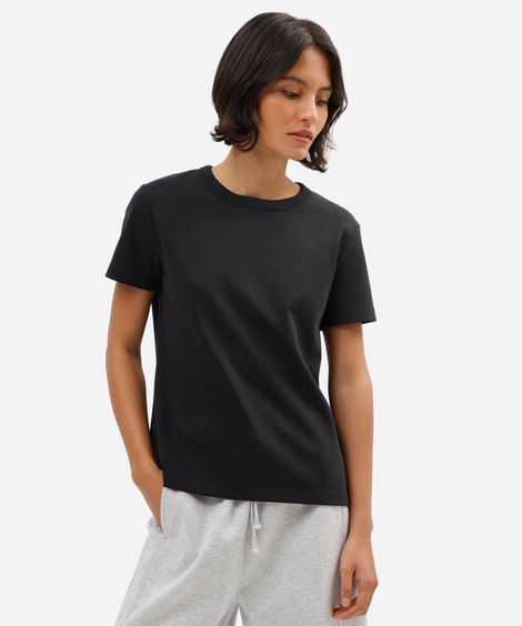 camiseta feminina de manga curta em malha ponto roma preta