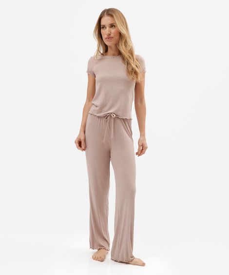 pijama longo feminino de viscose canelado com frufru bege