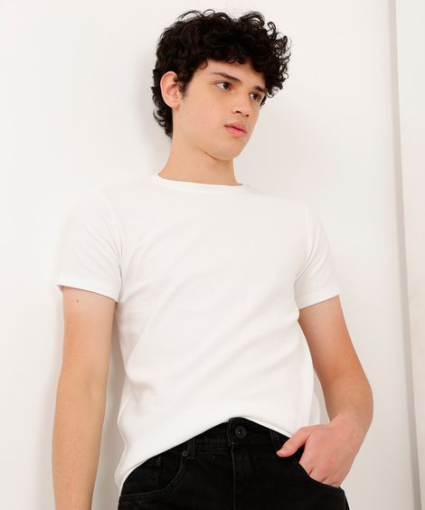 camiseta de algodão juvenil texturizada manga curta off white