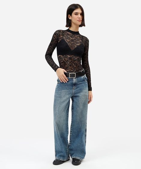 body feminino de renda gola alta manga longa floral preto