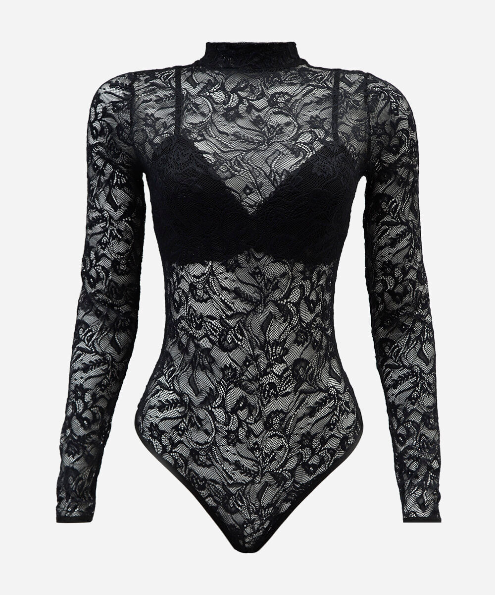 body feminino de renda gola alta manga longa floral preto