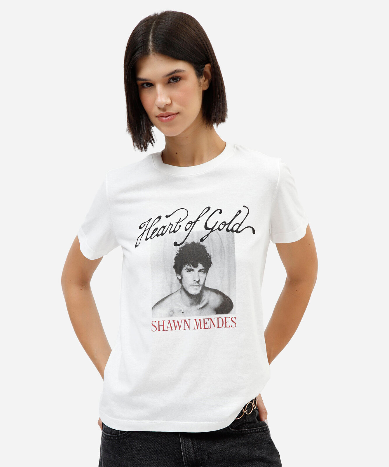 camiseta feminina de algodão manga curta shawn mendes off white