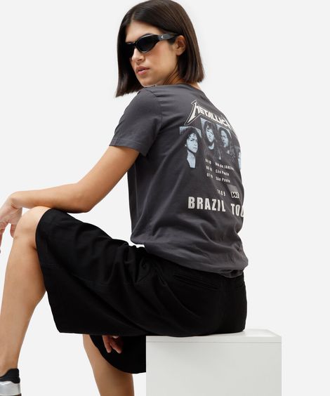 camiseta feminina de algodão manga curta metallica cinza