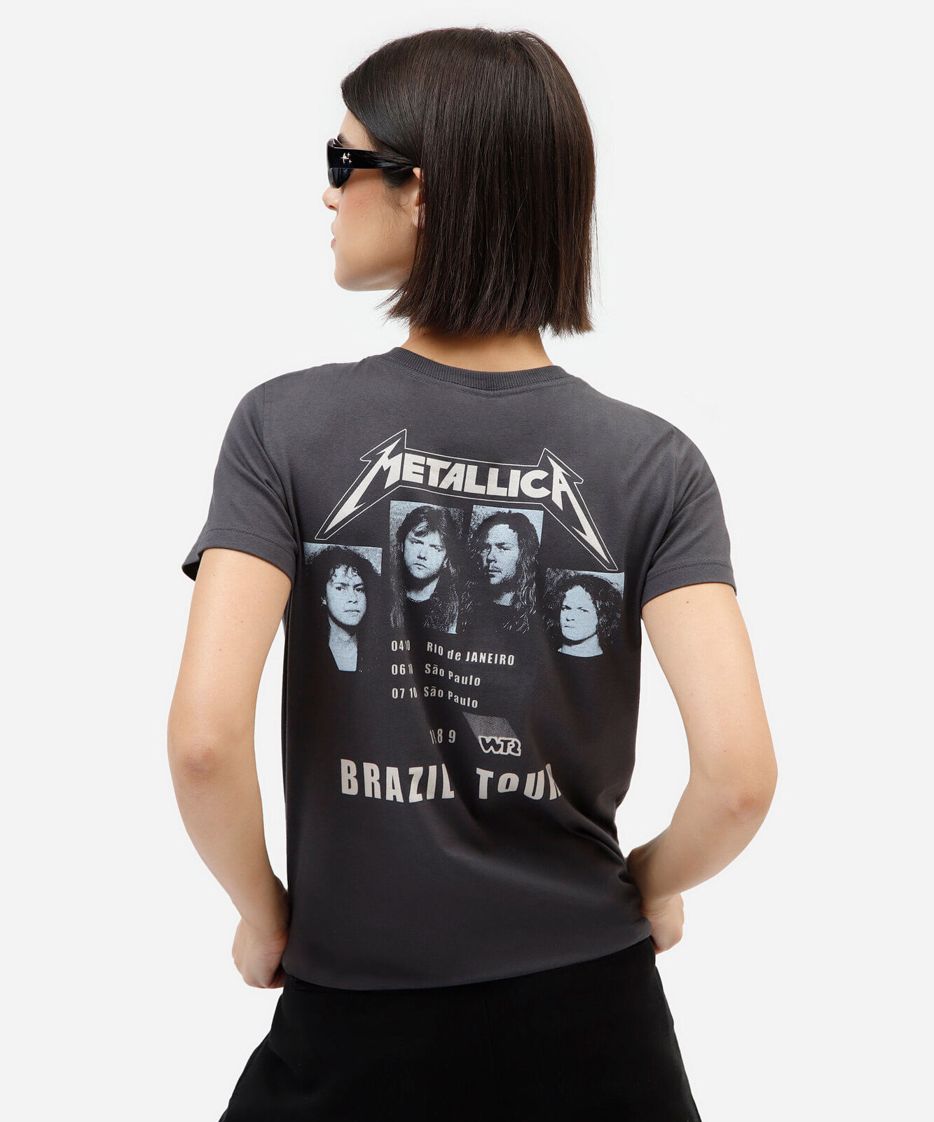 camiseta feminina de algodão manga curta metallica cinza