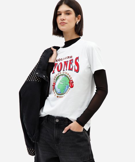 camiseta feminina de algodão manga curta the rolling stones off white