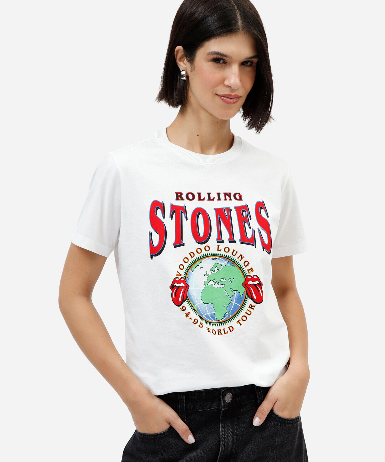 camiseta feminina de algodão manga curta the rolling stones off white