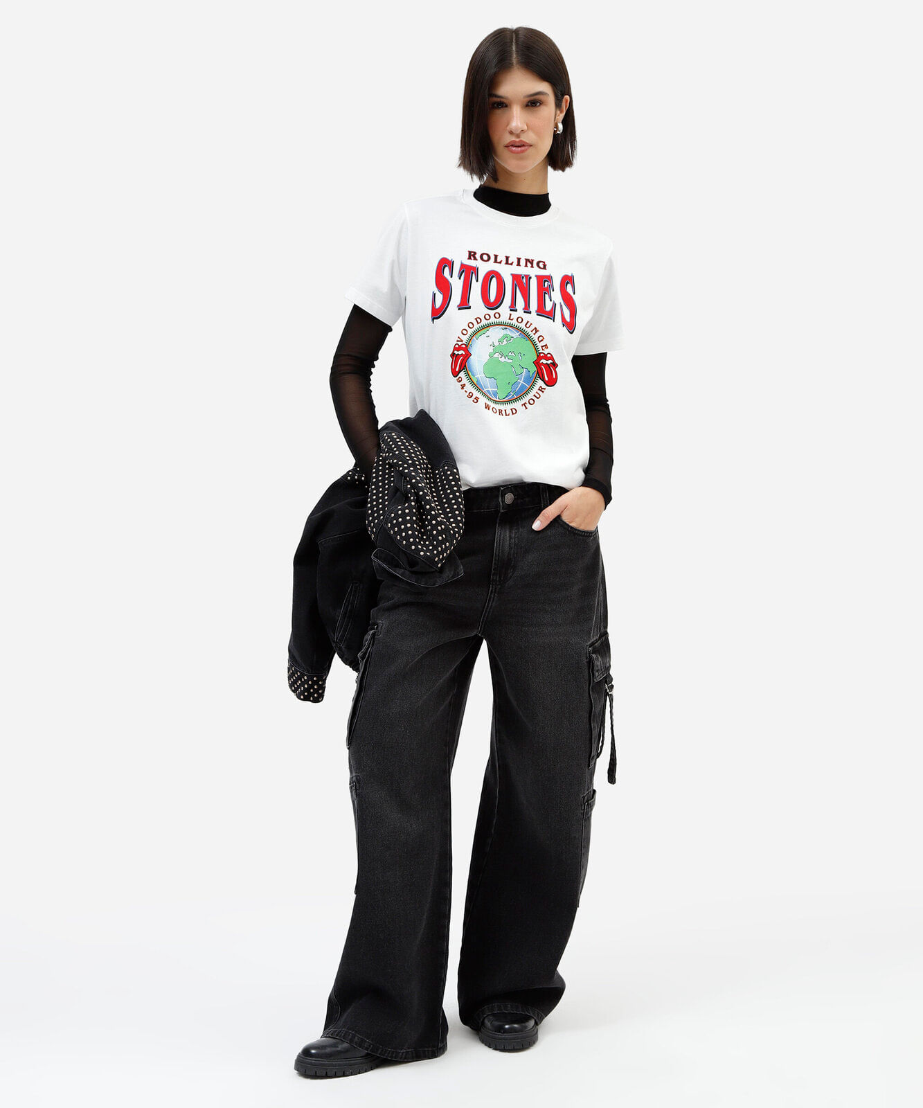camiseta feminina de algodão manga curta the rolling stones off white