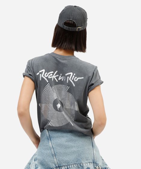 camiseta feminina de algodão manga curta rock in rio cinza