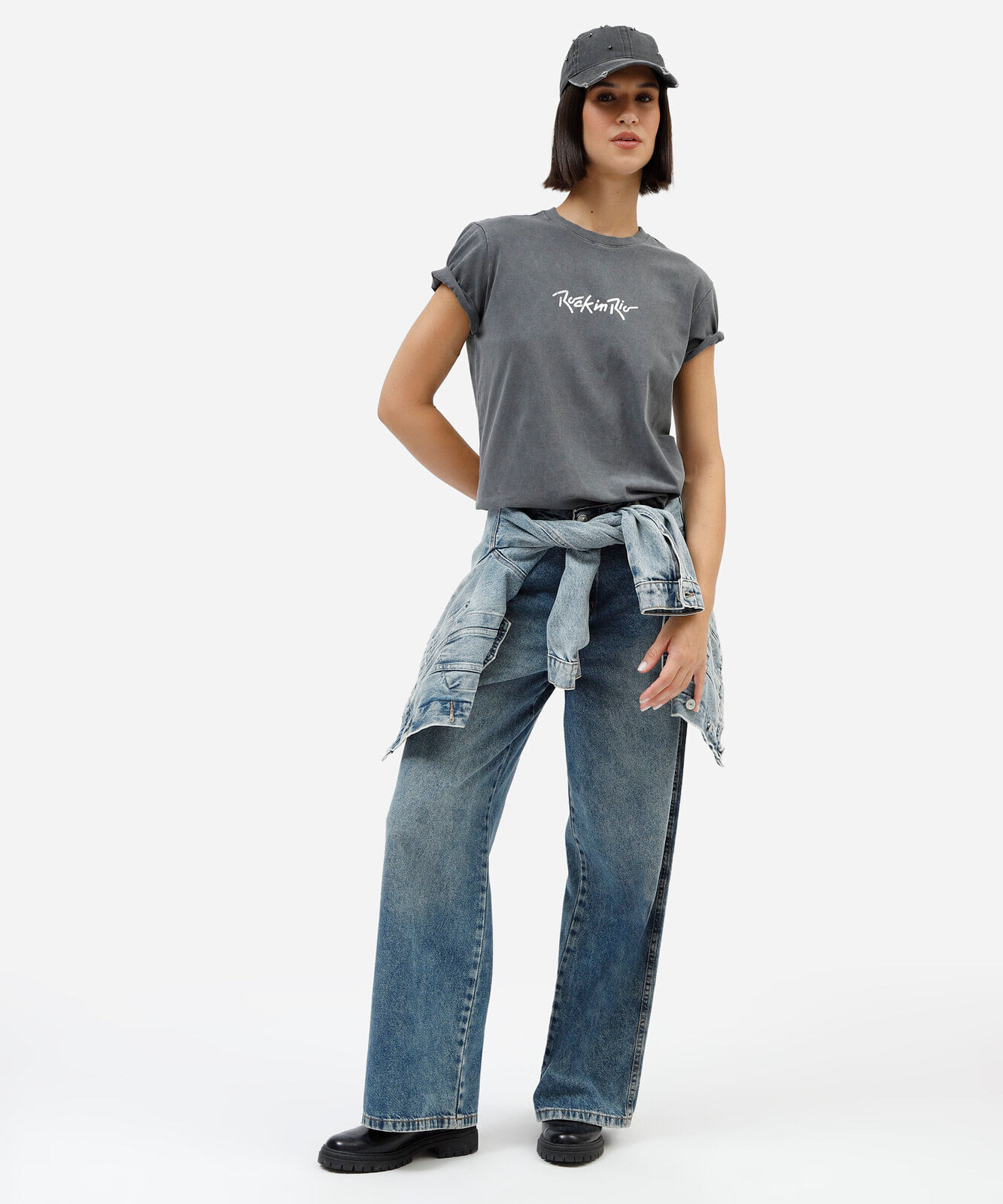 camiseta feminina de algodão manga curta rock in rio cinza