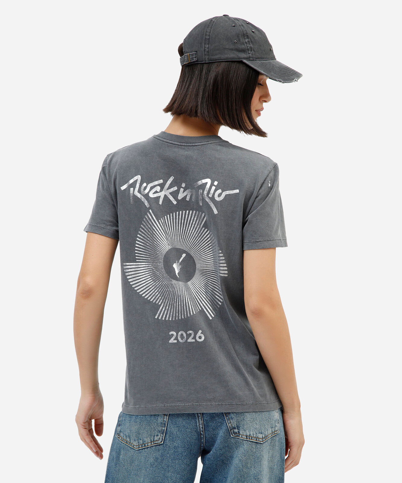 camiseta feminina de algodão manga curta rock in rio cinza