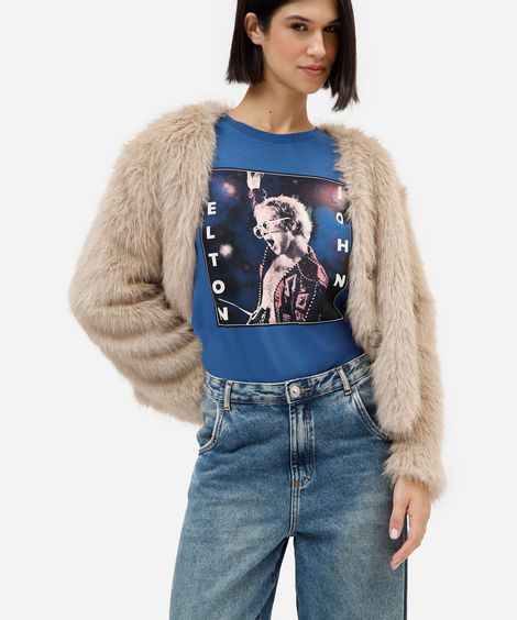 camiseta feminina de algodão manga curta elton john azul