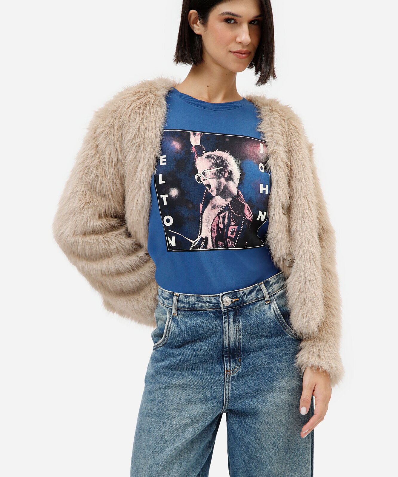 camiseta feminina de algodão manga curta elton john azul