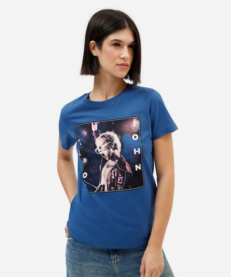 camiseta feminina de algodão manga curta elton john azul