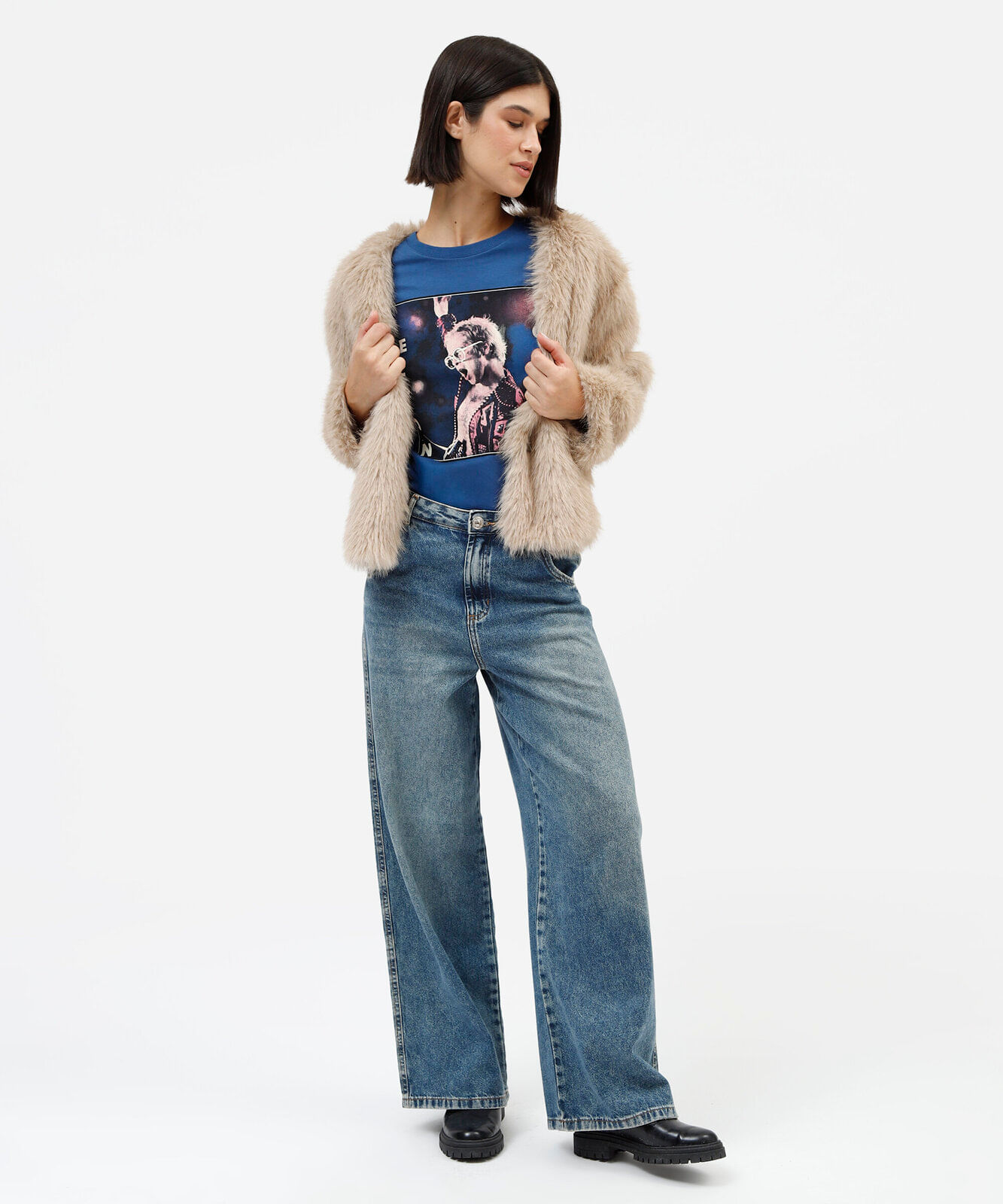 camiseta feminina de algodão manga curta elton john azul
