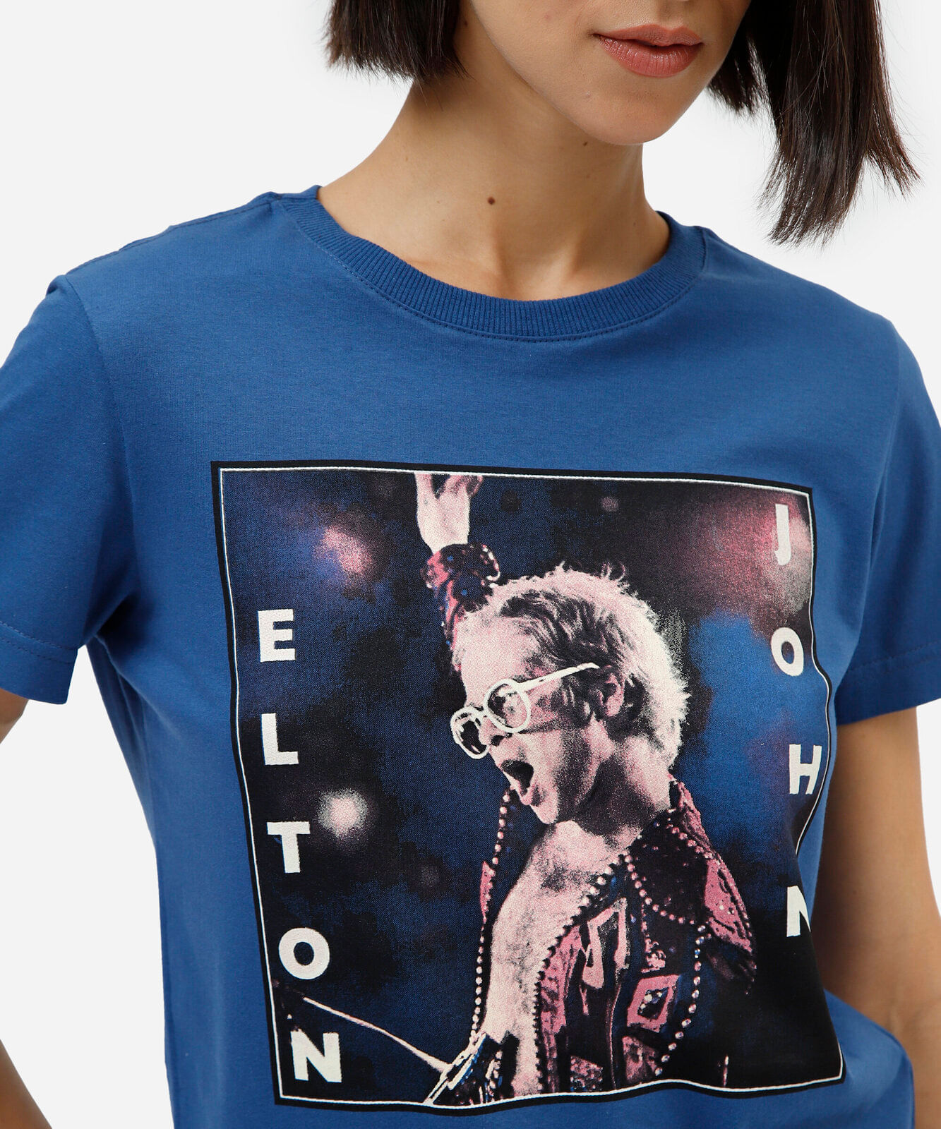 camiseta feminina de algodão manga curta elton john azul
