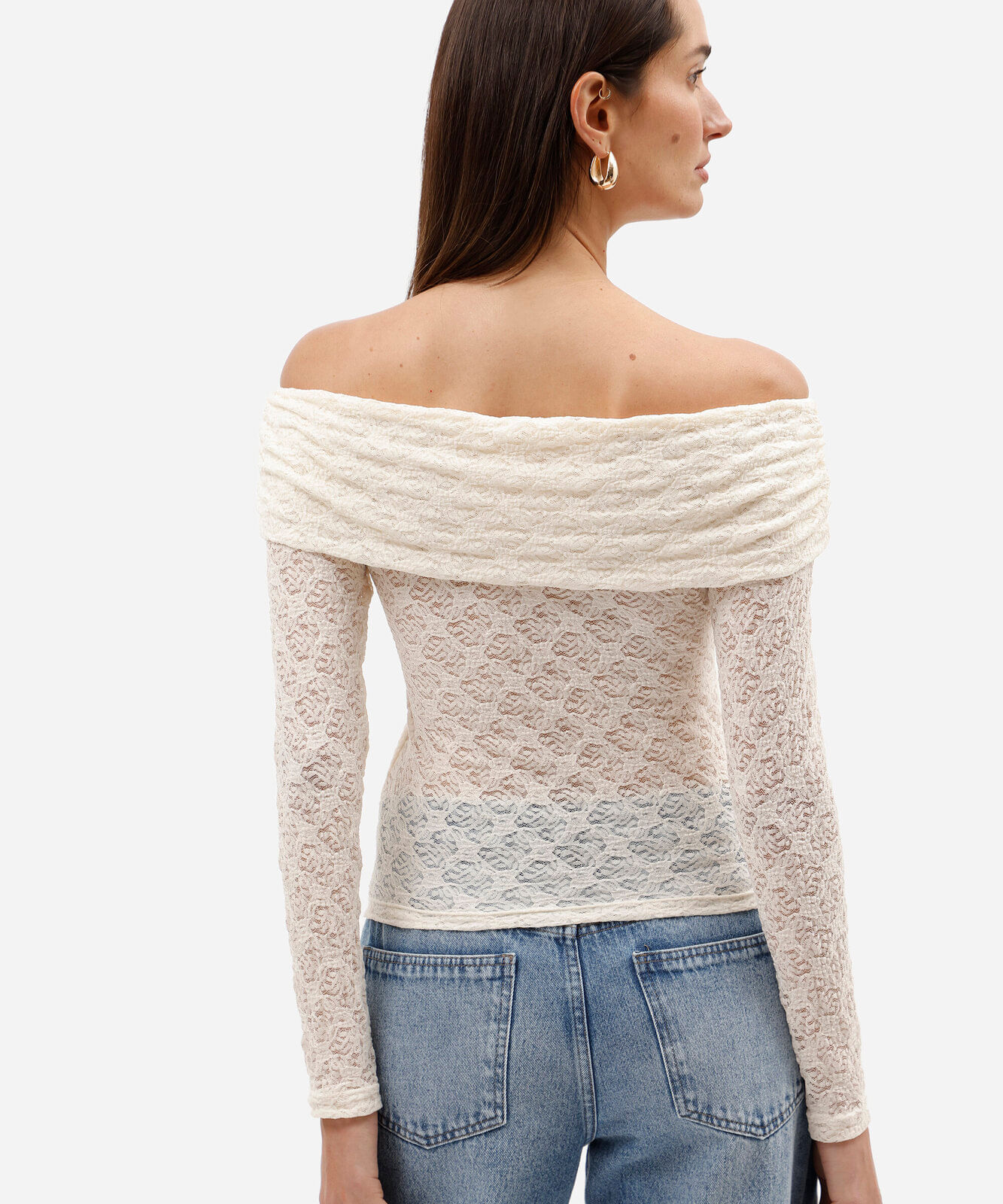 Blusa ombro a ombro feminina de renda manga longa off white