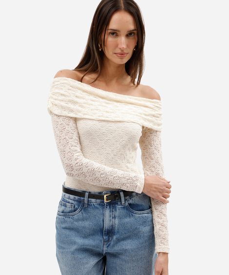 blusa ombro a ombro feminina de renda manga longa off white
