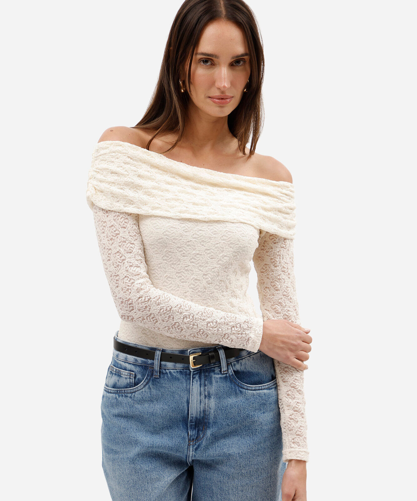 blusa ombro a ombro feminina de renda manga longa off white