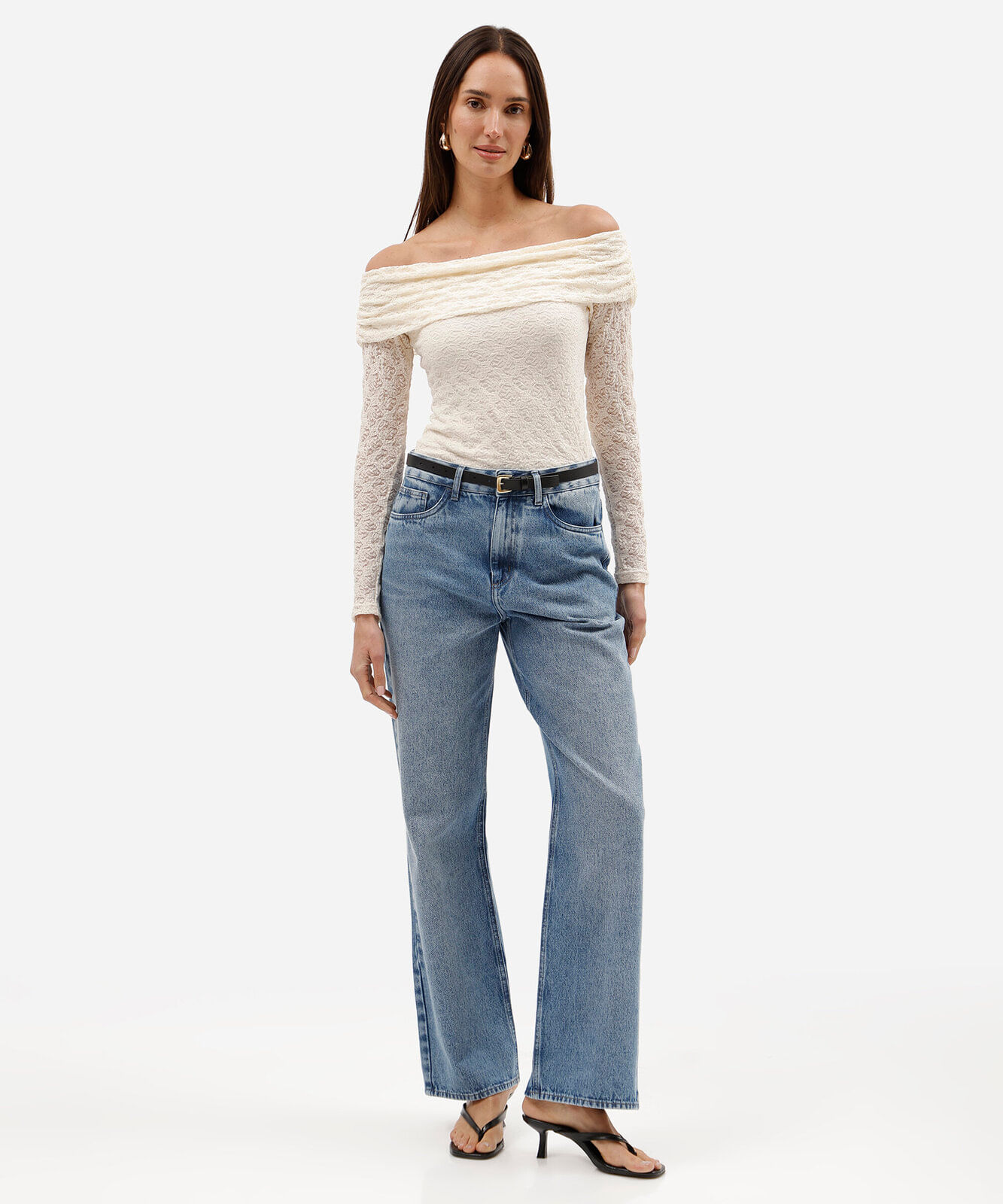 blusa ombro a ombro feminina de renda manga longa off white