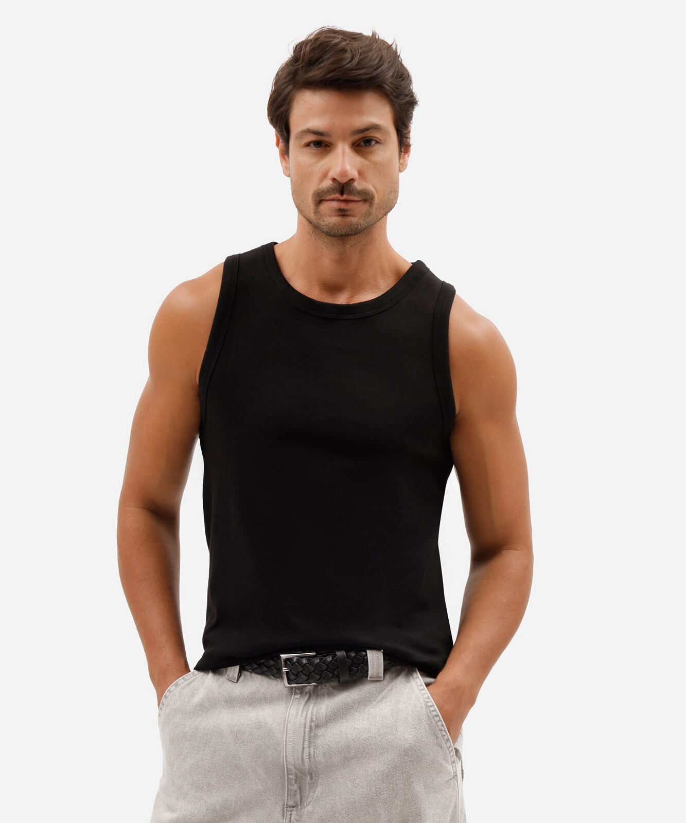 regata slim fit masculina de algodão básica preta