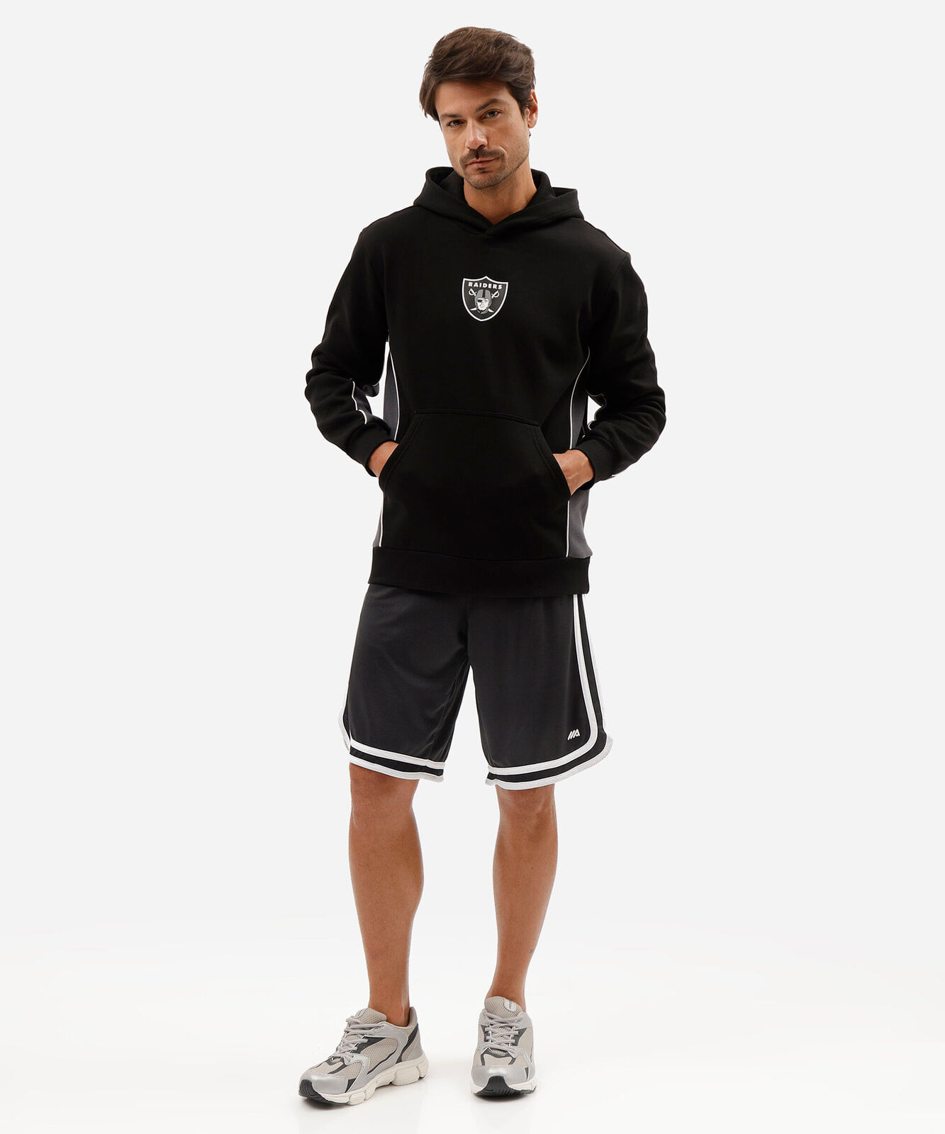blusão masculino de moletom com recortes e capuz raiders nfl preto