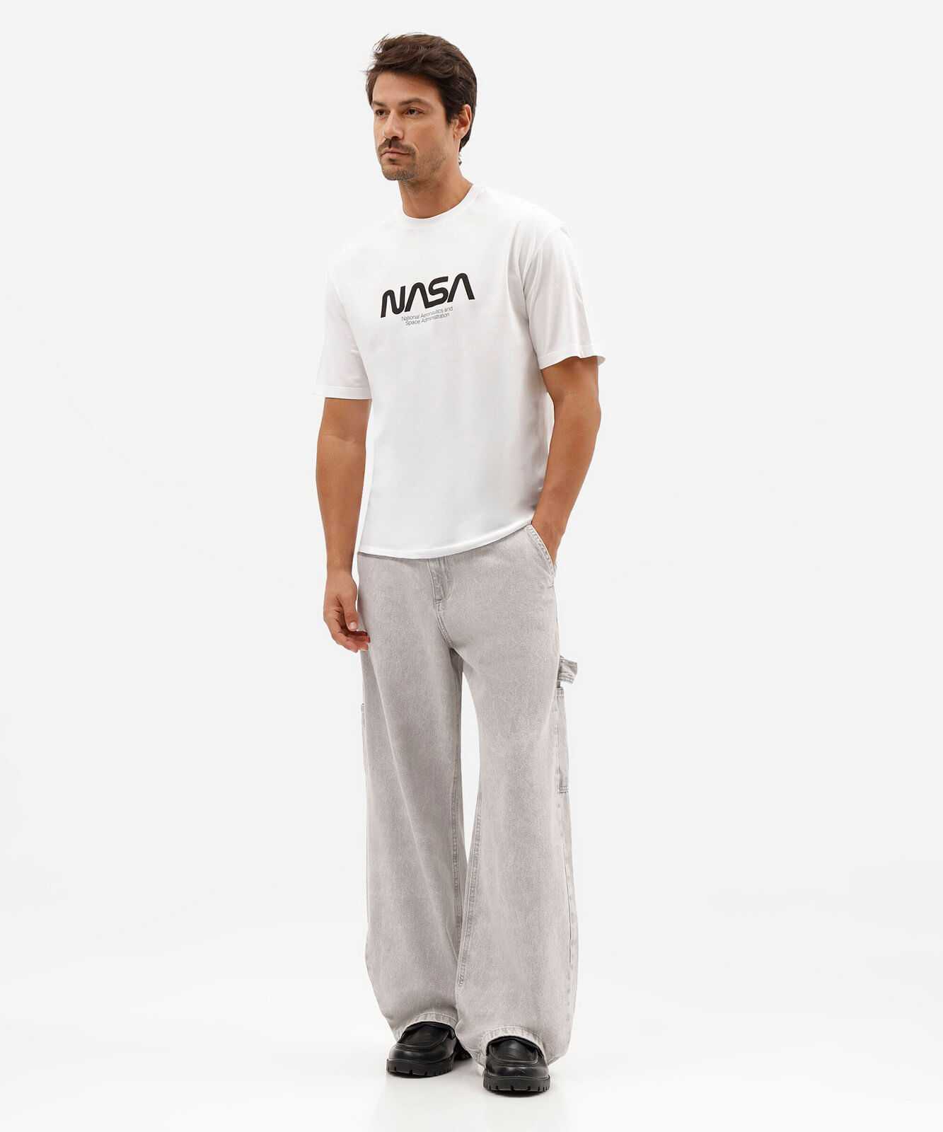 camiseta masculina de algodão manga curta nasa off white