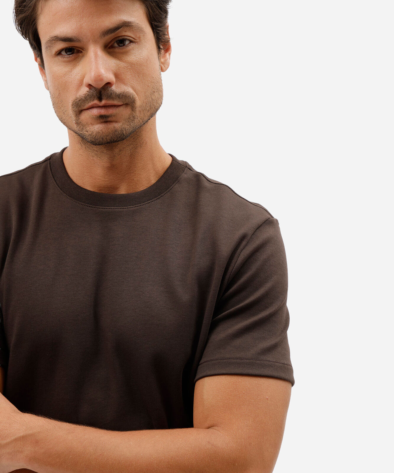 camiseta slim fit masculina de algodão peruano manga curta marrom