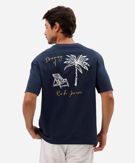 camiseta masculina de algodão manga curta estampada texturizada azul