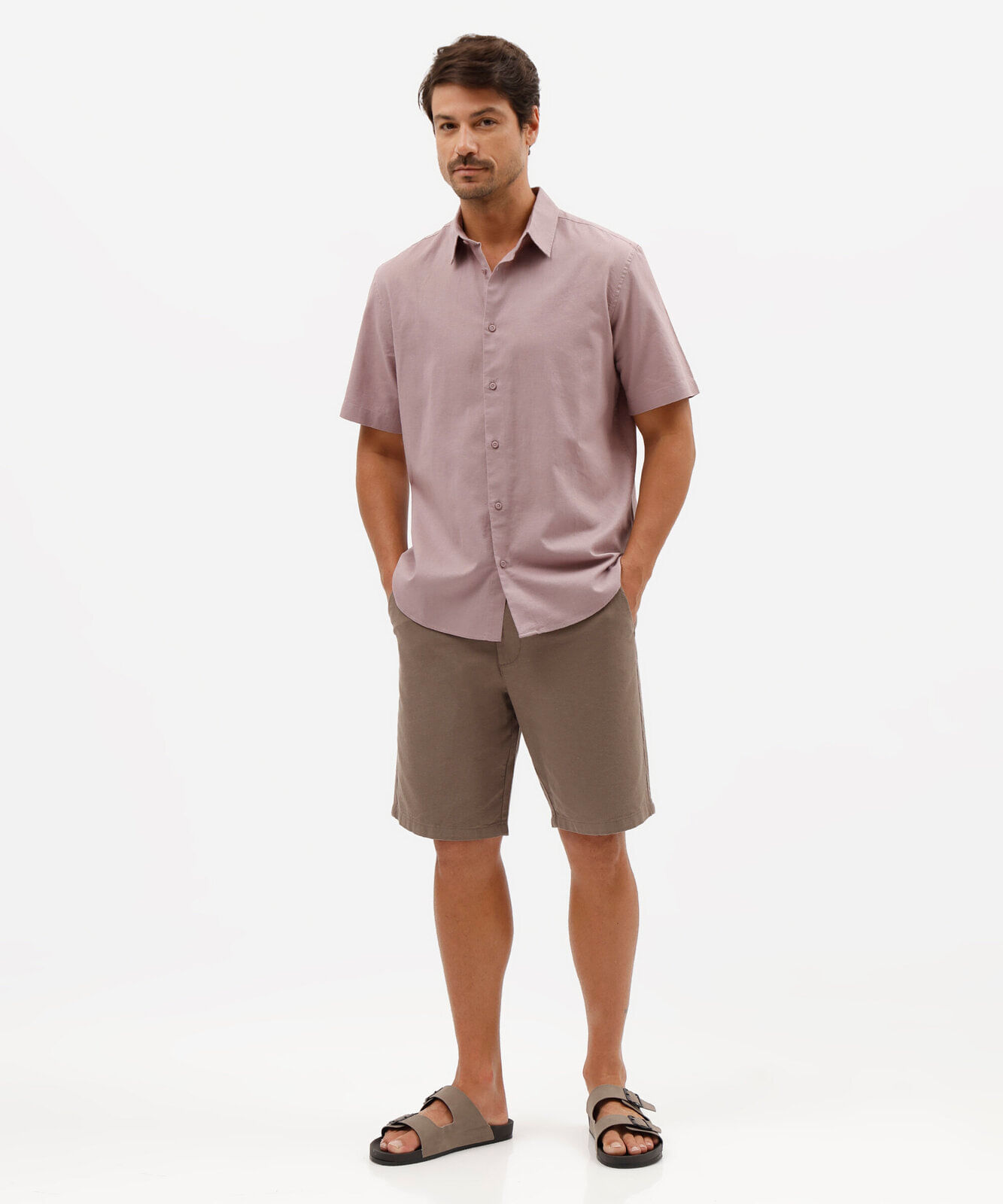 camisa comfort masculina com linho manga curta lilás